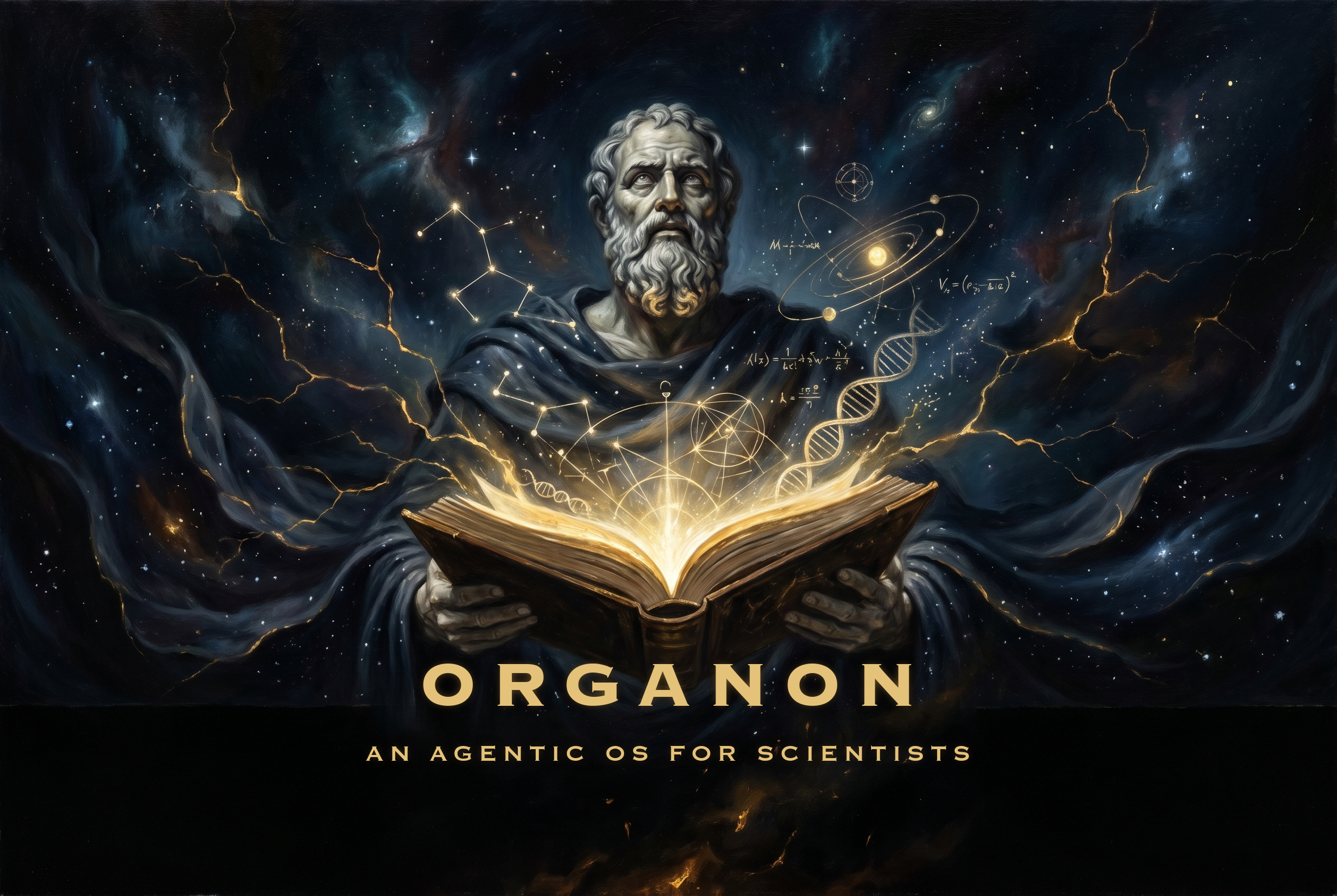 Aristotle holding a glowing book of stars — Organon hero illustration